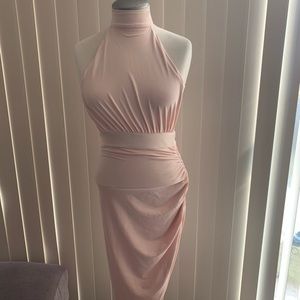 Halter Neck Asymmetric Midi Dress in Blush